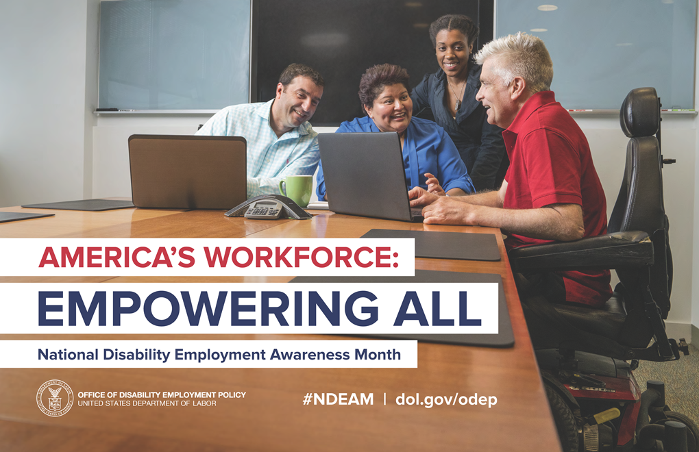 Poster for National Disability Employment Awareness Month, showing diverse group of people seated and table and talking with each other
